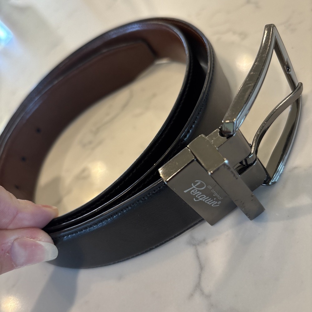 Penguin Genuine‎ Leather Belt Black Men's Size 40 Silver/Bronze Buckle